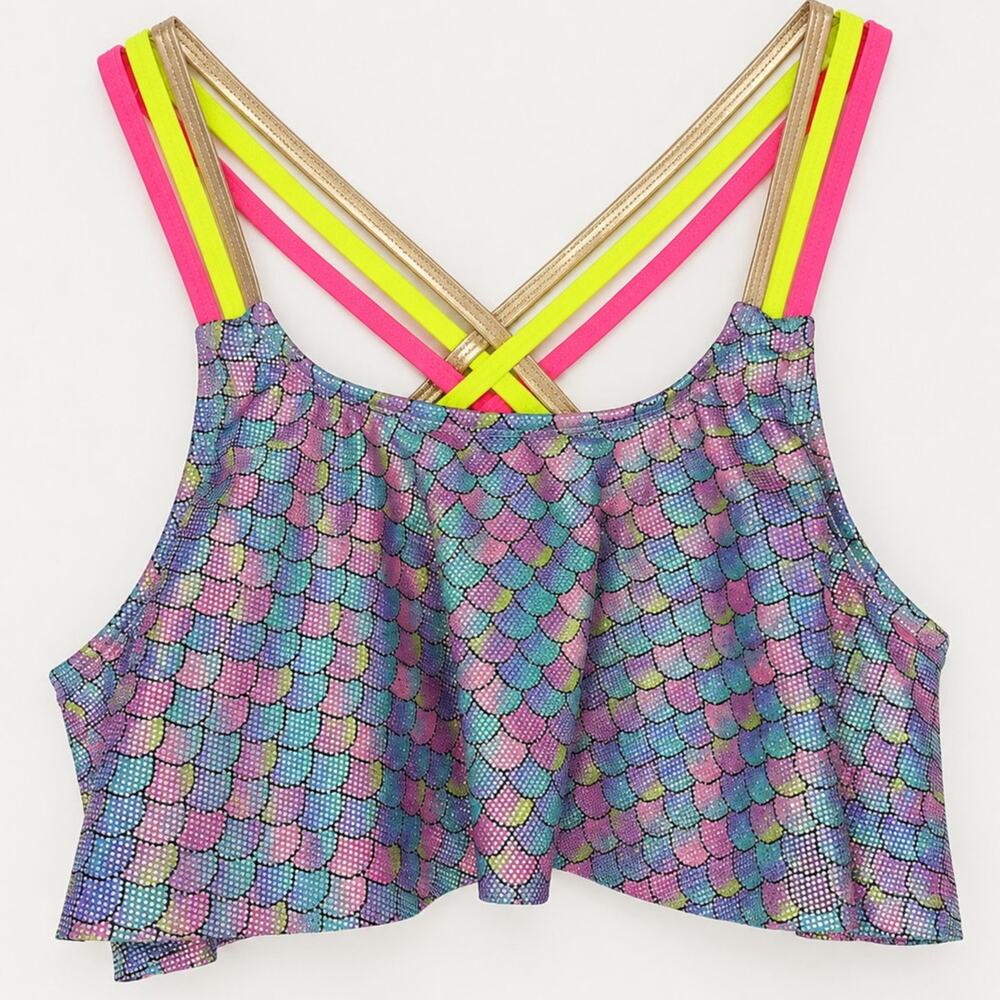 BCBGirls Sparkle Mermaid Scale Swim Top Neon Pink Yellow Gold Strappy